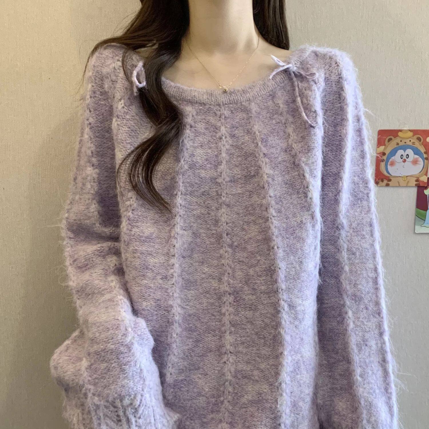 超好看漂亮紫色正肩针织衫毛衣女2026秋季新款大码胖mm上衣