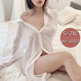 衬衫 防晒衫 雪纺新款 韩版 bf风上衣女中长款 性感透明睡衣超薄女法式