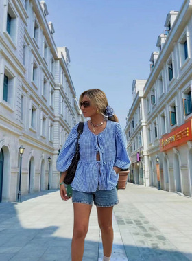 2024 New Casual Tie up Round Neck Bubble Sleeve Shirt