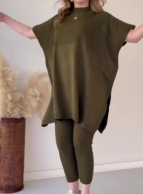 2023 New Round Neck Batshirt Loose knit casual two-piece set