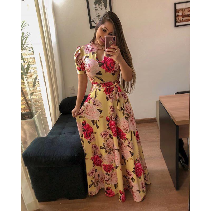 African Women's Dresses Long Dress Print Short Sleeves 2019