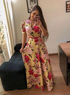 African Women's Dresses Long Dress Print Short Sleeves 2019