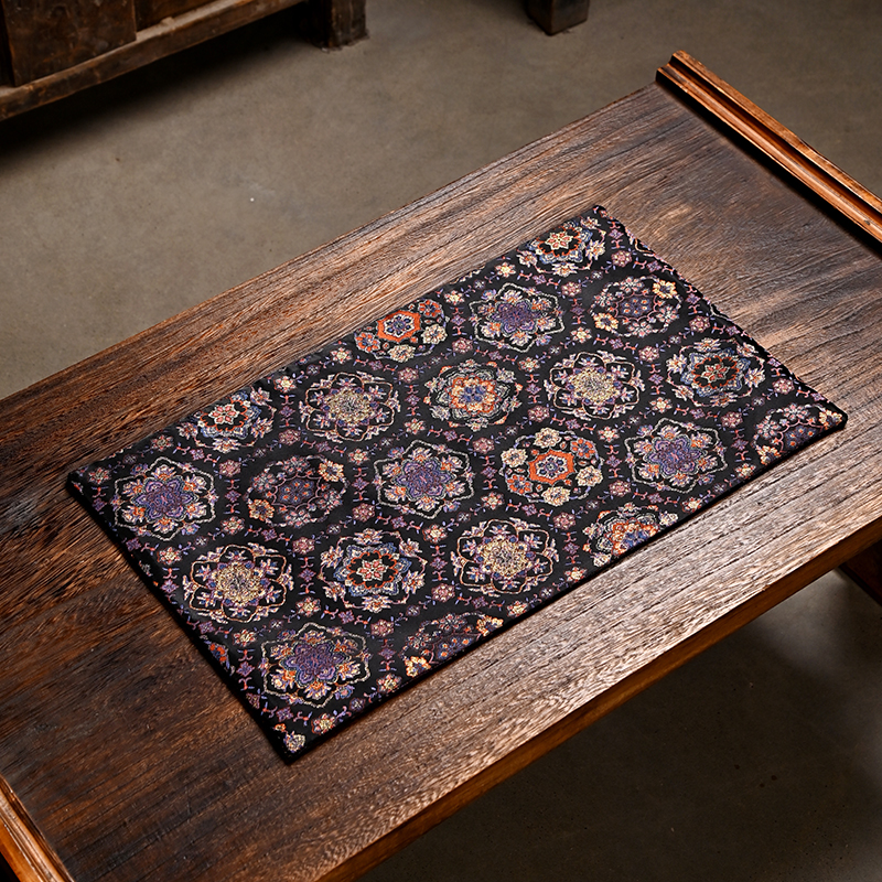 复古团花织锦茶席中式茶桌布