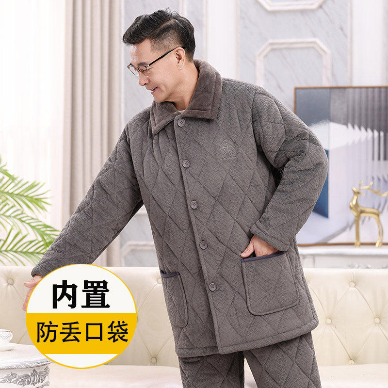 全棉纯棉2025中老年人睡衣男珊瑚绒夹棉保暖加绒加厚冬季中长款爸