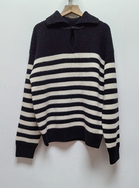 2025秋冬新款翻领条纹针织衫女宽松显瘦盘扣长袖毛衣打底上衣M675