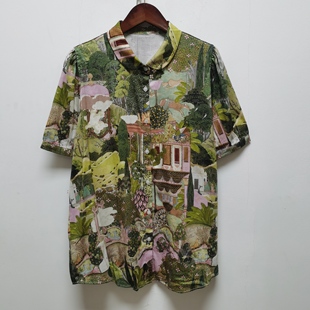 M尾单去标花色衬衫短袖夏季休闲女士新品复古风印花纯棉衬衣P369