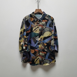 商场同款花色衬衫七分袖2025夏季新款复古风印花宽松休闲衬衣P482