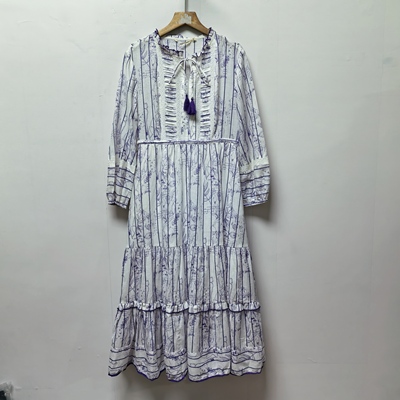 【艺】去标撤柜木耳边棉麻长裙层次感清冷风晕染印花连衣裙L137