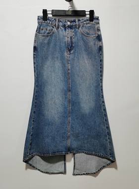 U家去标半身裙2025秋女装时髦设计感鱼尾开衩高腰长款牛仔半裙022