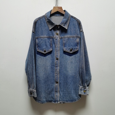 百2026春装复古水洗蓝翻领牛仔衬衫外套女薄款洋气休闲上衣8602