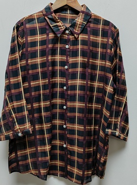 M同款去标格子七分袖女休闲百搭春夏装衬衫复古通勤翻领衬衣P580