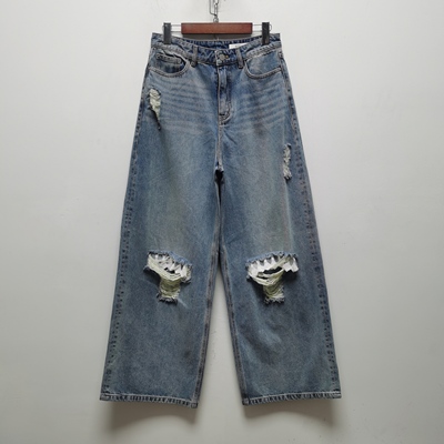 A2026春装新款女装复古蓝阔腿破洞牛仔裤高腰宽松乞丐裤子2581