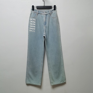 新款 美式 子秋季 女宽松直筒阔腿拖地长裤 E272 复古水洗做旧牛仔裤