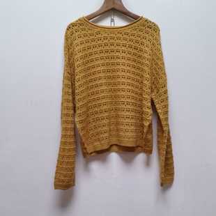 2025春秋新款 女宽松显瘦百搭毛衣打底上衣黄色M337 圆领镂空针织衫