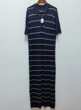 去标撤柜极简修身翻领撞色条纹短袖半门襟T恤连衣裙25春新款N033