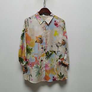 复古文艺宽松透气印花衬衣D389 女士新款 2026春夏棉质花衬衫 短袖