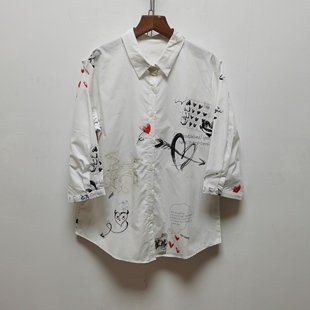 通勤风复古花色宽松衬衣P201 女2025春夏新品 无标印花衬衫 七分袖