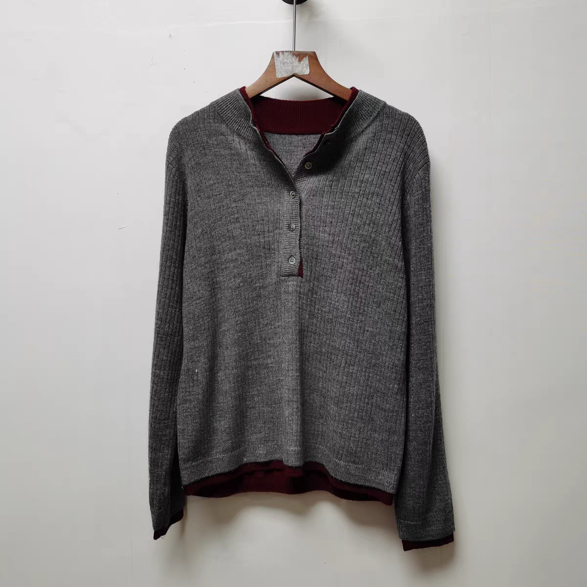 假两件撞色坑条修身羊毛混纺针织衫女冬厚实套头内搭长袖灰色毛衣