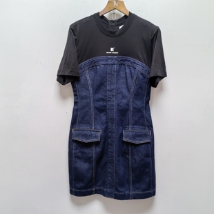 连身裙C540 显瘦牛仔连衣裙中长款 芮版 衣复古拼色多口袋设计修身