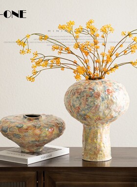 匠十三 高级感手工陶瓷花瓶中古奶油风斑驳五彩艺术花器玄关装饰