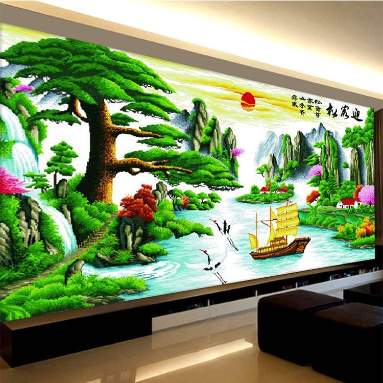 2025线绣新款精准印花十字绣迎客松财运版客厅风景山水画2米大幅