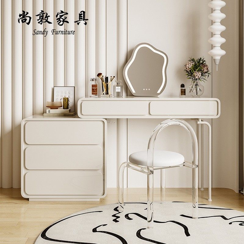 法式奶油风实木梳妆台卧室现代简约伸缩网红化妆柜斗柜一体化妆桌