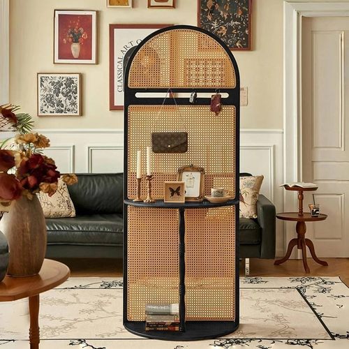 法式复古实木藤编屏风隔断客厅入户进门遮挡玄关柜现代简约置物架