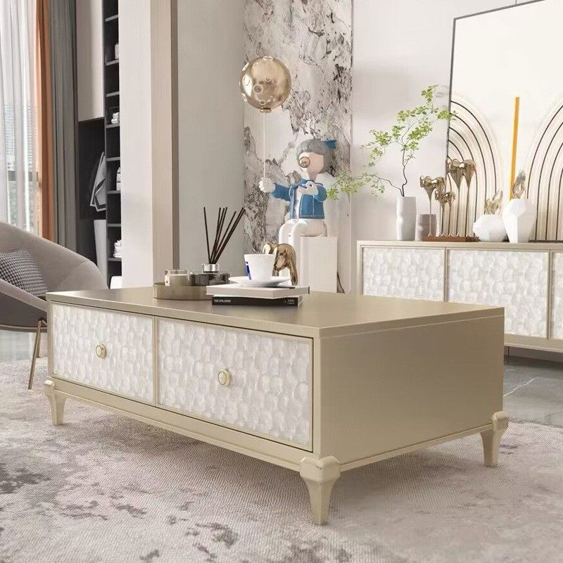 美式轻奢茶几高级感贝壳方形茶几家用客厅实木法式沙发电视柜组合