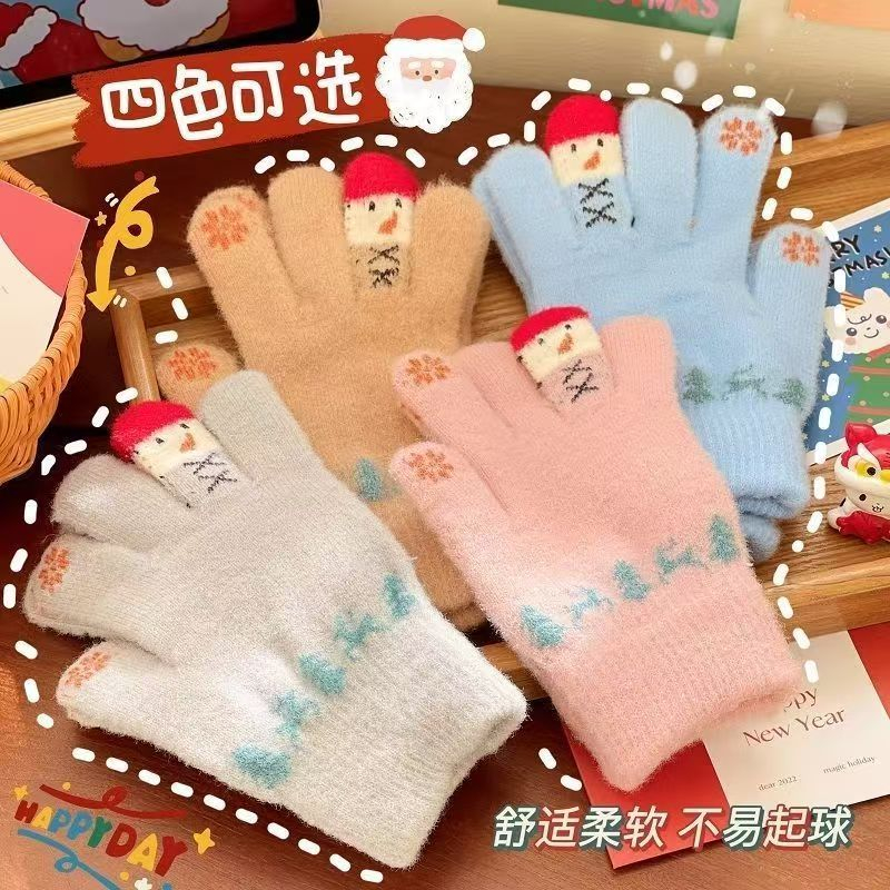 冬季保暖手套毛绒卡通可爱圣诞节雪人五指分指手套可触屏学生女生