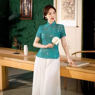 旗袍 美式 2023春夏季 时尚 复古中国风小上衣两件套天丝麻印花修身