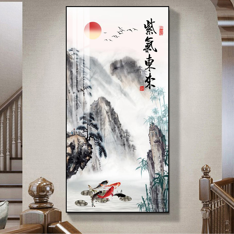 紫气东来玄关装饰画新中式楼梯过道竖版山水挂画走廊尽头风水壁画