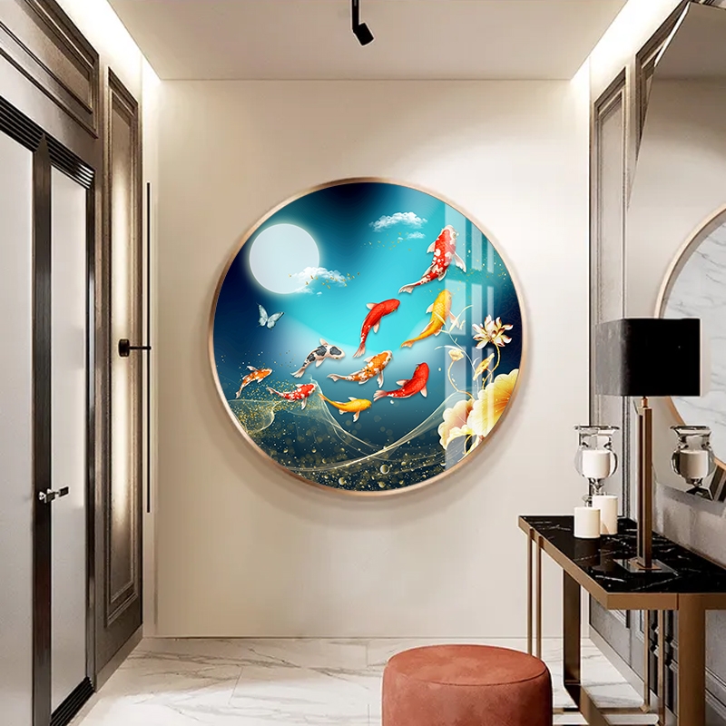 九鱼图圆形装饰画玄关走廊尽头挂画轻奢过道墙面壁画客厅餐厅卧室图片