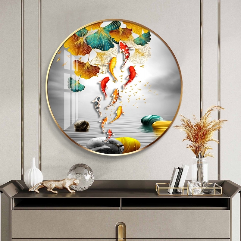 九鱼图玄关装饰画圆形正对门餐厅壁画客厅挂画2024新款现代简约图片