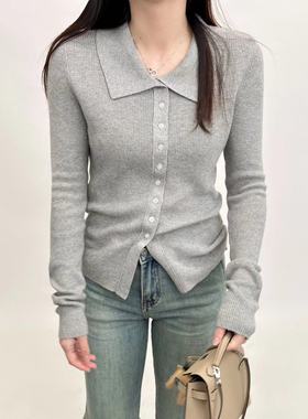 ease the label【纯棉POLO领针织开衫】灰色长袖翻领感上衣