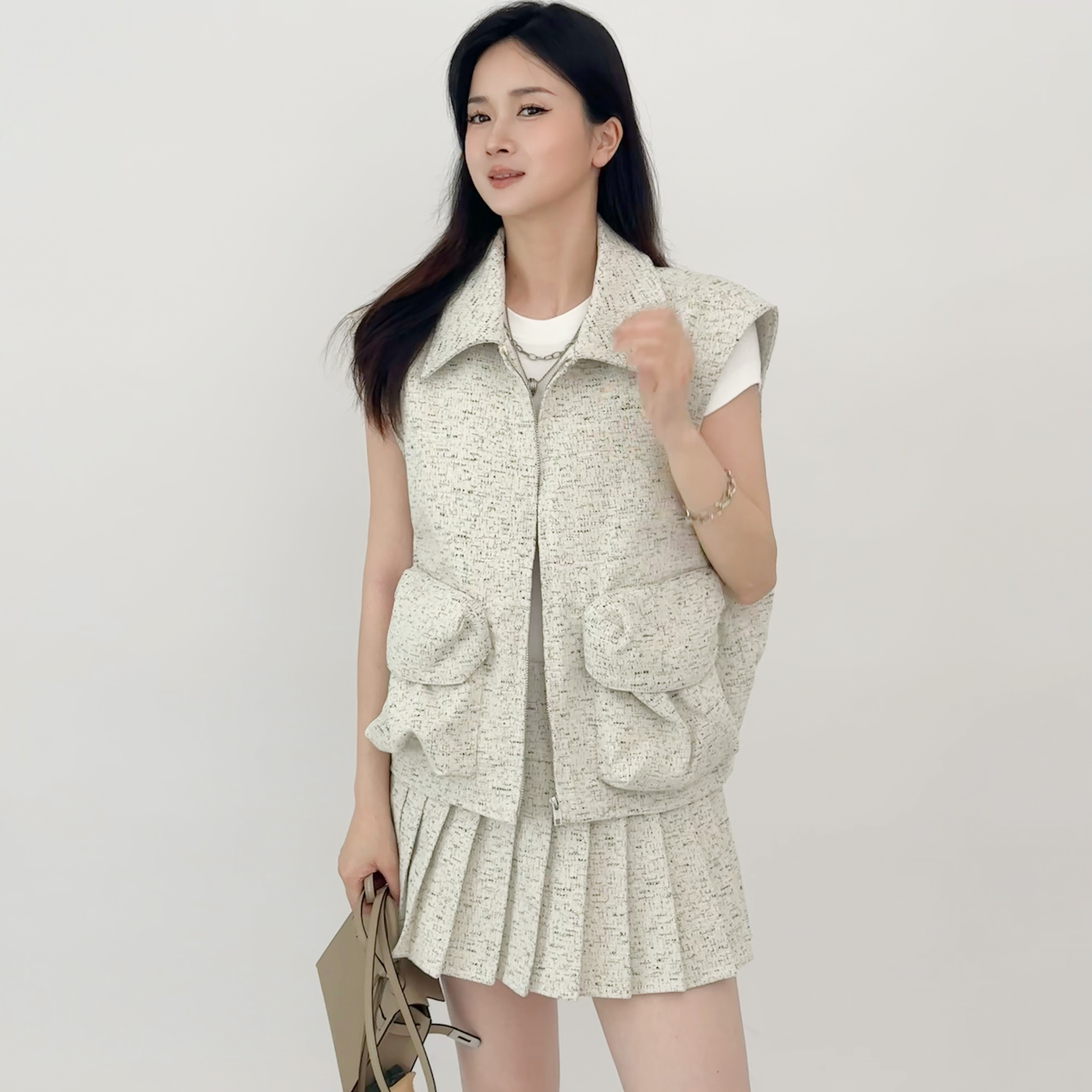 甜妹小香风百褶短裙套装