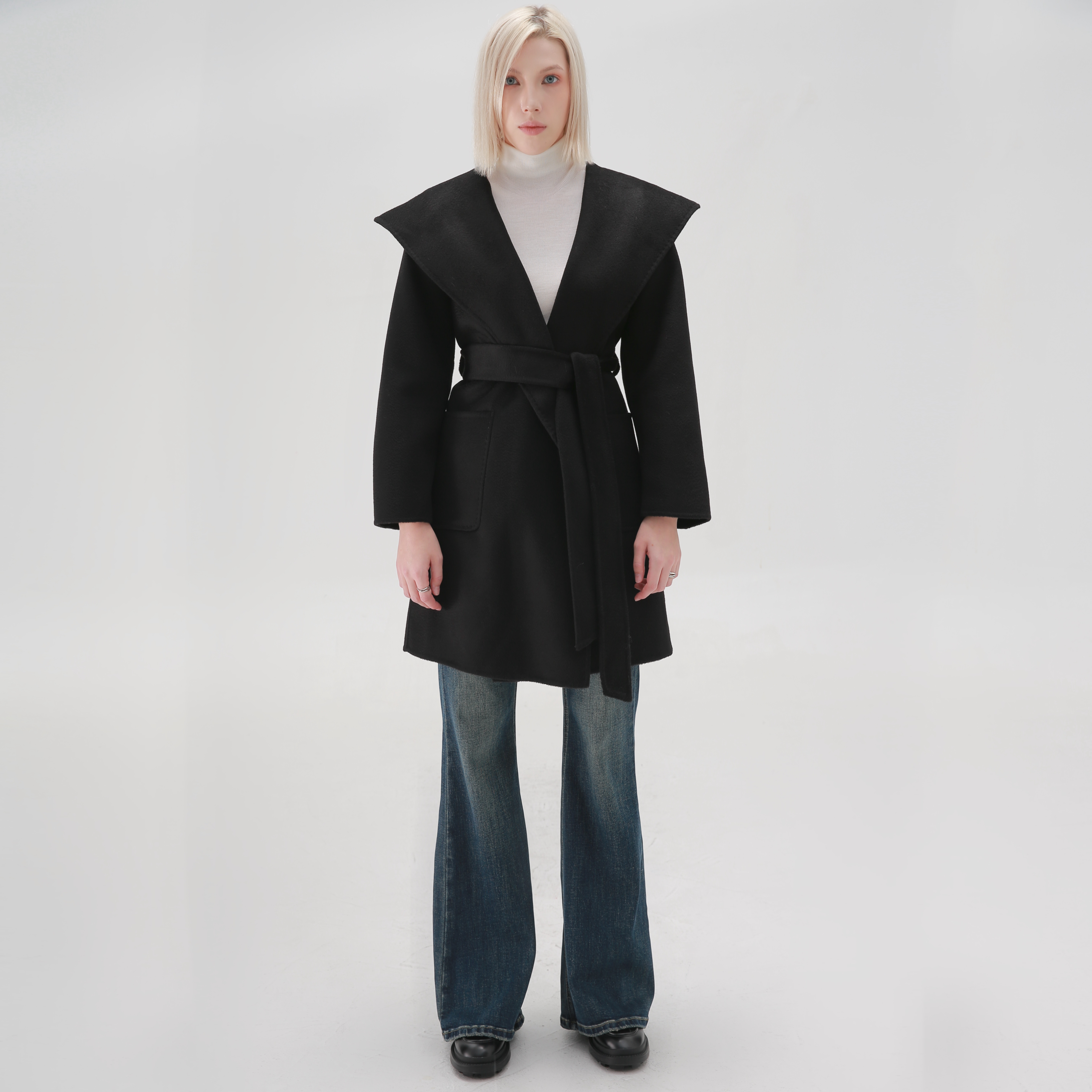 现货羊绒水波纹连帽简约中长大衣