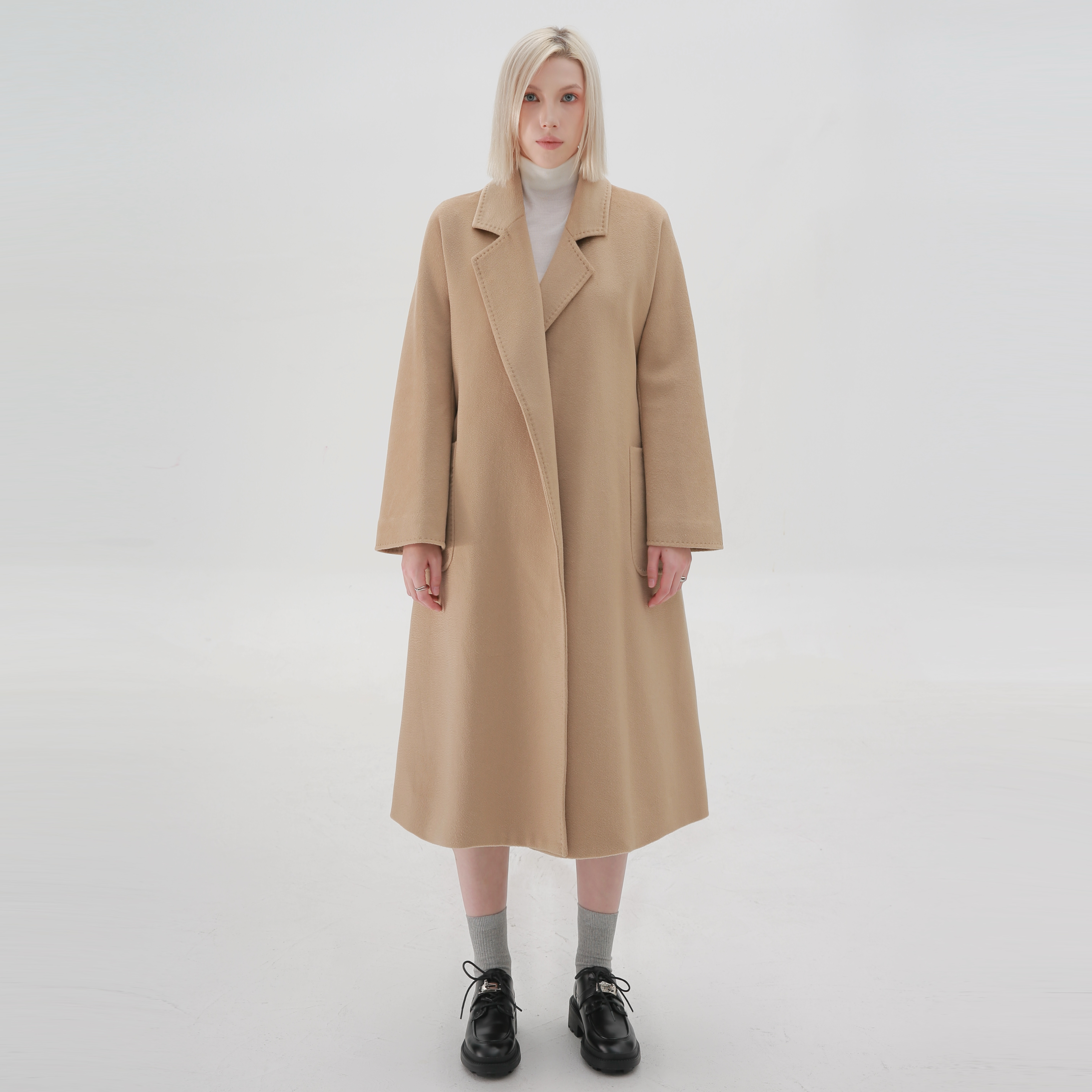 现货100羊毛水波纹浴袍翻领大衣