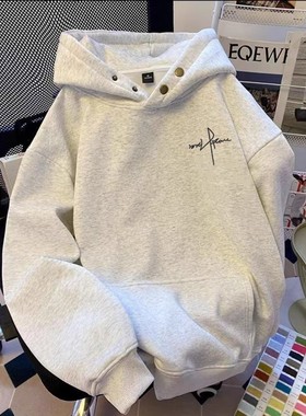 高级感美式潮牌复古重磅纯棉纽扣连帽卫衣男秋冬加绒加厚痞帅宽松