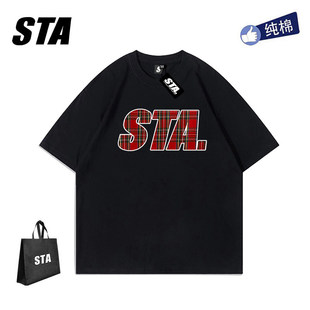 重磅纯棉美式 STA T恤男女情侣圆领春夏基础款 短袖 潮牌 格子印花