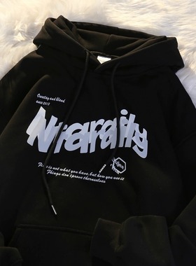 100%纯棉春秋款美式连帽重磅宽松黑色卫衣加绒加厚女秋冬oversize