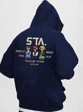 STA 潮牌重磅纯棉宽松卫衣男女冬美式高街卡通潮人套头情侣连帽衫