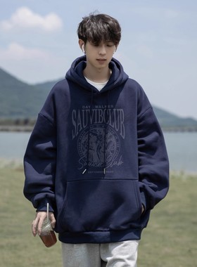 美式高街藏青色加绒连帽卫衣男秋冬季新款宽松重磅加厚男生外套