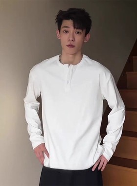 白色美式德绒打底衫男冬季高级感亨利领长袖t恤cleanfit重磅卫衣