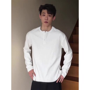 白色美式德绒打底衫男冬季高级感亨利领长袖t恤cleanfit重磅卫衣