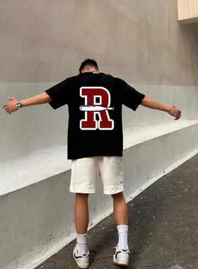 100%纯棉美式复古短袖t恤重磅潮流2024新款像素t恤宽松衣服夏季男