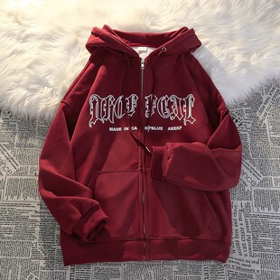 潮牌 情侣装 100%纯酒红色连帽卫衣男冬季 加绒加厚oversize拉链开衫