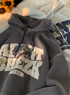 100%纯棉连帽加绒卫衣男秋冬新款美式复古潮牌青少年加厚宽松外套