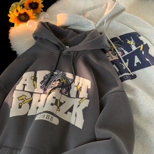 100%纯棉连帽加绒卫衣男秋冬新款美式复古潮牌青少年加厚宽松外套