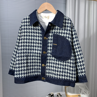 男童牛仔外套春秋季复古中大童翻领千鸟格儿童装气质休闲纽扣上衣