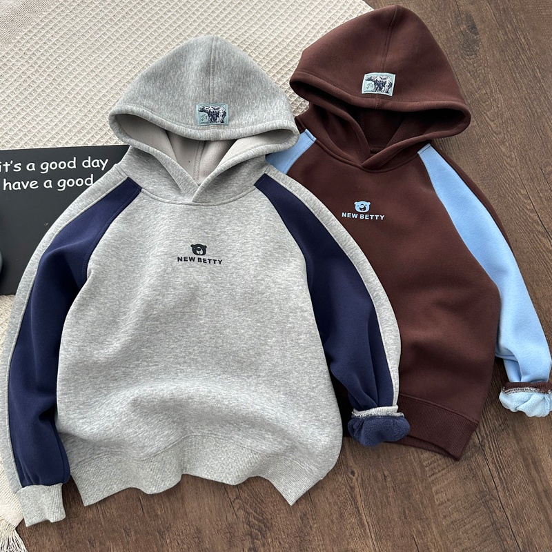 男童加绒连帽卫衣春秋款新中大童男孩针织上衣儿童装休闲长袖